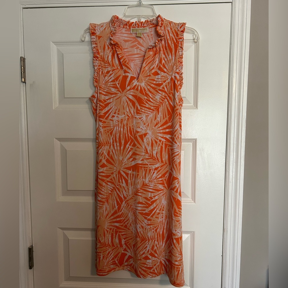 Michael Kors Orange and White Sheath Dress with Notched Collar
